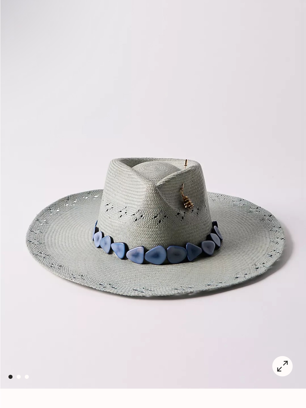 Light Gray Straw Wide-Brim Hat With Blue Bead Trim